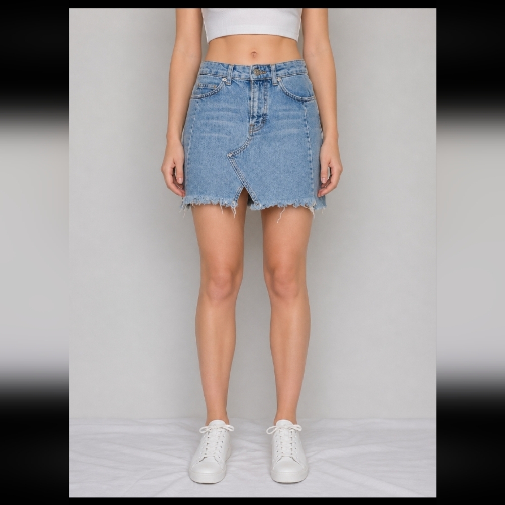 BDG Small Distressed Frayed Hem Front Slit Denim Jean Mini Skirt